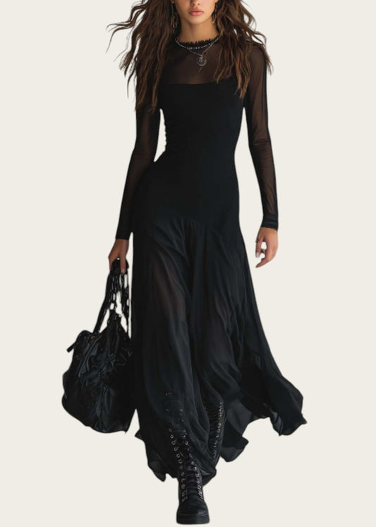 Victoria Lemaire vestido largo negro de tul con mangas transparentes y falda fluida. Diseño vintage.