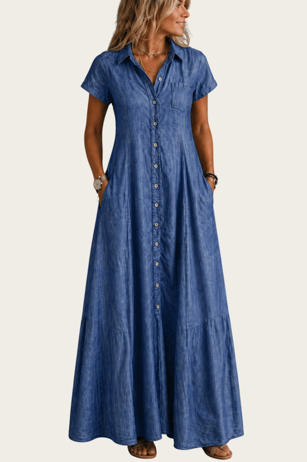 Vestido largo vaquero azul de manga corta Elisa de Victoria Lemaire con botones y bolsillos, estilo camisero.