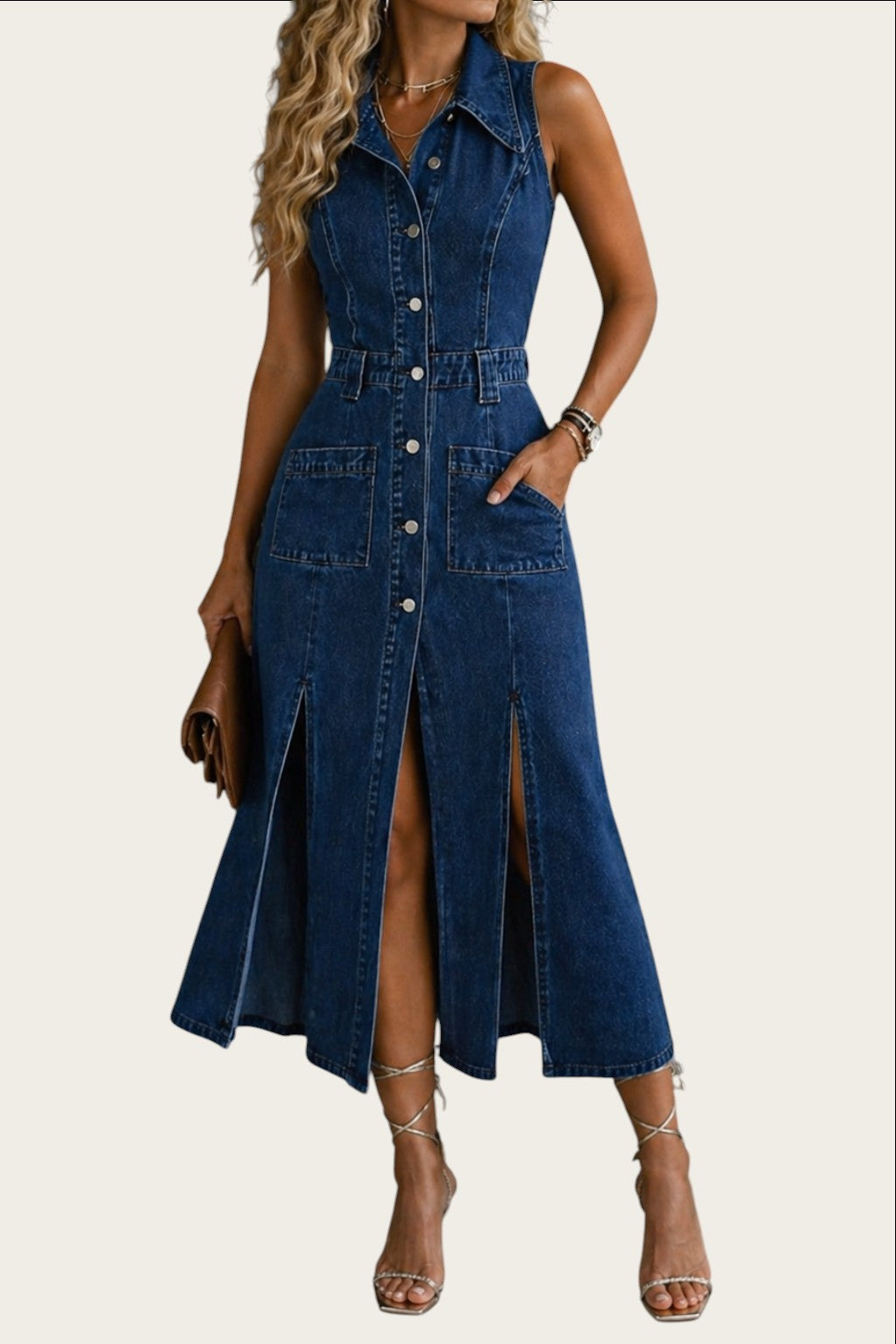 Vestido chaleco vaquero azul oscuro de Victoria Lemaire sin mangas, con botones, bolsillos y aberturas laterales.