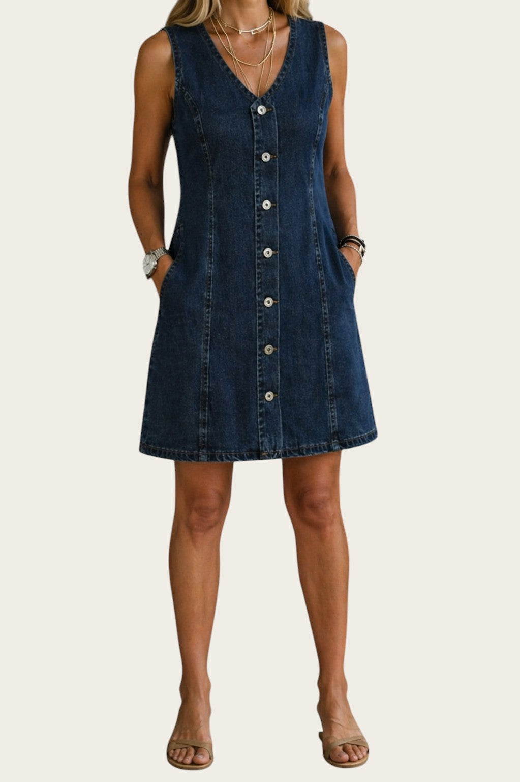 Victoria Lemaire Lila vestido mini vaquero azul sin mangas con botones y bolsillos, ideal para el día a día.