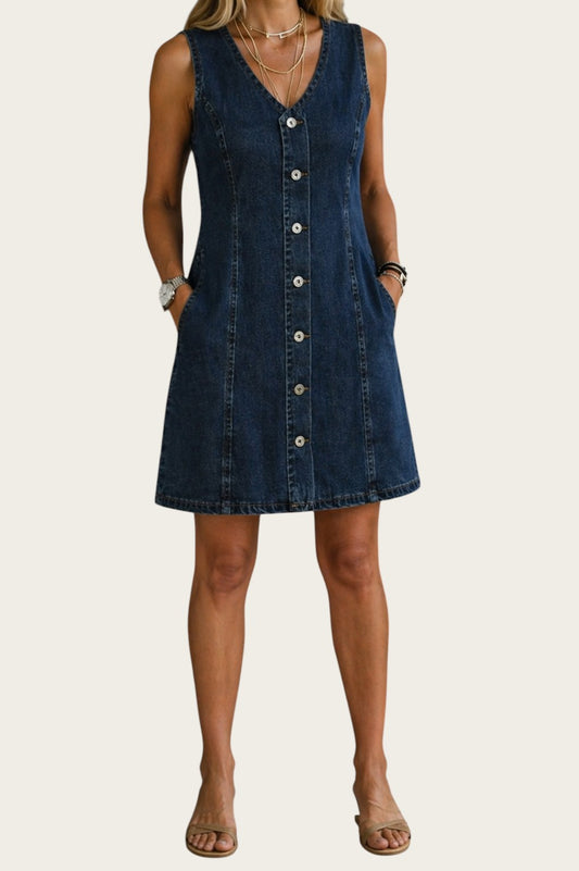 Victoria Lemaire Lila vestido mini vaquero azul sin mangas con botones y bolsillos, ideal para el día a día.