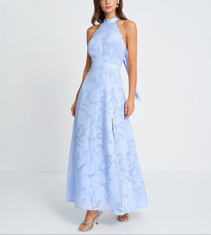 Irune - Vestido largo azul elegante con cuello alto