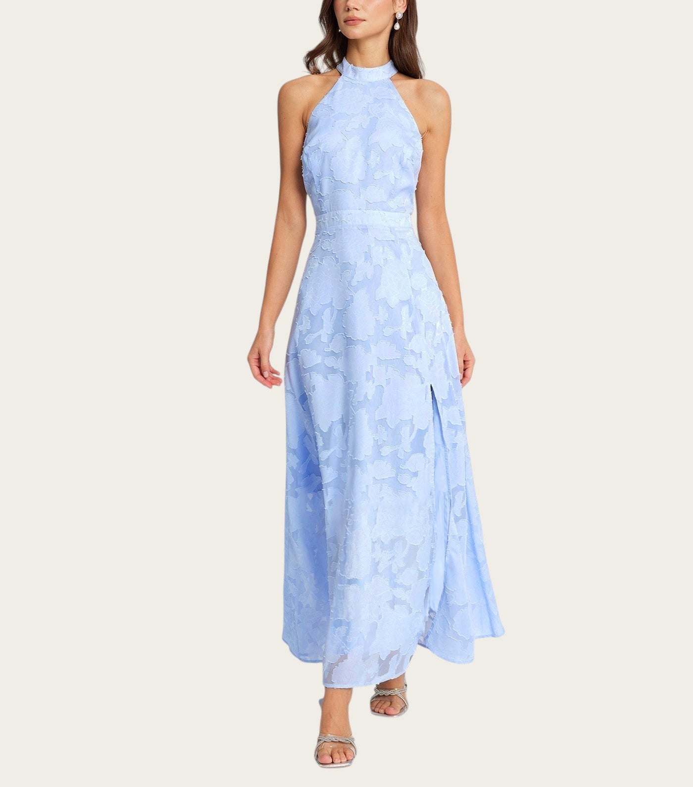 Irune - Vestido largo azul elegante con cuello alto